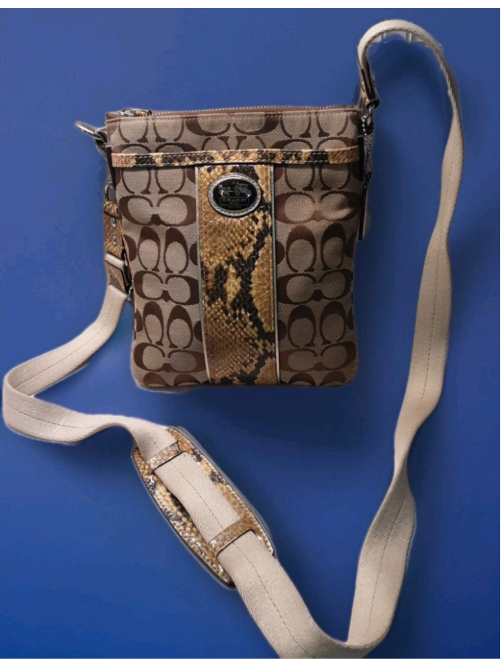 COACH-Sutton-Signature Crossbody-Python Trim-Gold Logo Khaki Jacquard #47875